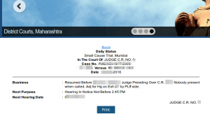 Screenshot of Roznama / Daily Status on the Maharashtra District Courts Website